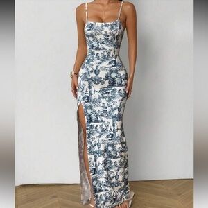 Chic Nation Blue and White Patterned Maxi Dress